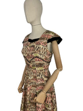 Load image into Gallery viewer, Original 1950's Cocktail Dress in Brown and Gold Abstract Print with Black Velvet Accent - Bust 34 35 *