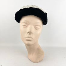 Load image into Gallery viewer, Original 1950's White and Black Hat with Velvet Bobble Trim - Charming Little Piece *