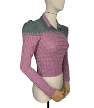 Load image into Gallery viewer, 1940's Reproduction Hand Knitted Long Sleeved Cable Jumper with Neat Collar in Mauve Pink and Ginseng Grey - Bust 34