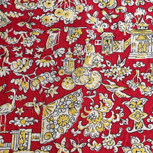 Load image into Gallery viewer, 100% Cotton Dressmaking Fabric in Red, Cream and Yellow Japanese Print with Geisha, Storks, Butterflies and Temples - 40" x 180"