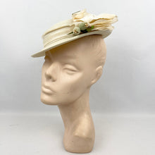 Load image into Gallery viewer, Original 1940’s 1950’s Cream Straw Hat with Velvet Trim and Large Fabric Rose