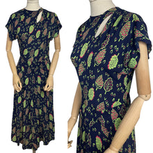 Load image into Gallery viewer, Stunning Original 1940's Dark Blue Dress with Cerise Pink and Lime Green Leaf Print