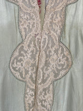 Load image into Gallery viewer, Original 1920's 1930's Bourne and Hollingsworth Pale Green Pure Silk Bed Jacket With Tambour Lace Detail and Ribbon Tie - Bust 34" 36" 38" 40"