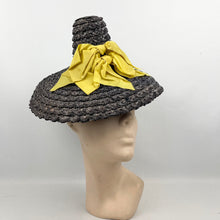 Load image into Gallery viewer, Original 1930’s 1940’s Navy Blue Conical Straw Hat with Large Double Bow Ribbon Trim in Chartreuse