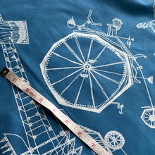 Load image into Gallery viewer, Original 1950's Cotton Sateen Dressmaking Fabric - Blue with White Design of Plans for Various Modes of Transport - 36" x 144"