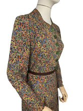 Load image into Gallery viewer, Original 1930’s Brown Crepe Long Sleeved Dress with Pretty Print in Blue, Rust, Green and Yellow - Bust 36 38
