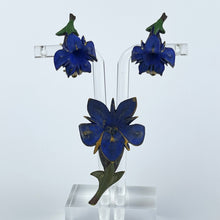 Load image into Gallery viewer, Vintage Painted Bakelite Gentian Brooch and Earrings Set From the 1940's or 1950's