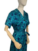 Load image into Gallery viewer, Original Late 1950's Belted Artificial Silk Wiggle Dress in Green and Blue Geometric Print - Bust 40 42 *