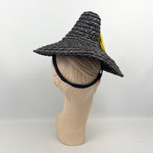 Load image into Gallery viewer, Original 1930’s 1940’s Navy Blue Conical Straw Hat with Large Double Bow Ribbon Trim in Chartreuse