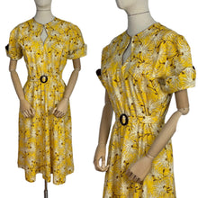Load image into Gallery viewer, Reproduction 1940's Belted Day Dress in Yellow, Brown and White Floral Print - Bust 38 40