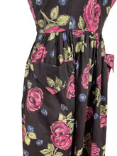 Load image into Gallery viewer, Original 1950's Classic Black Cotton Day Dress with Large Pink Roses - Bust 34 *