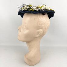 Load image into Gallery viewer, Original 1950’s Lacquered Raffia Hat with Flower Trim and Net in Navy, White and Yellow