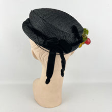 Load image into Gallery viewer, Original 1950’s Black Straw Hat with Velvet and Bunch of Grapes Trim