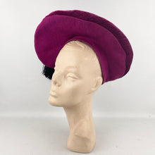 Load image into Gallery viewer, Original Huge 1940's Cerise Pink Seamed Fabric Hat with Black Tassel Trim