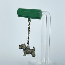 Load image into Gallery viewer, Original 1930's 1940's Green Bar Brooch with Grey Scottie Dog Dangle Charm