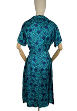 Load image into Gallery viewer, Original Late 1950's Belted Artificial Silk Wiggle Dress in Green and Blue Geometric Print - Bust 40 42 *