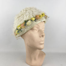 Load image into Gallery viewer, Original Late 1950's White Net Summer Hat with Orange and Yellow Flower Trim *