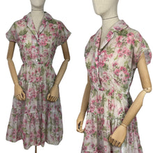 Load image into Gallery viewer, Original 1950’s Nylon Floral Dress with Pink Roses Print - Bust 36 38