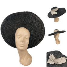 Load image into Gallery viewer, Huge Original 1940's Black Coarse Straw Sunhat with Wide Grosgrain Trim and Bow *