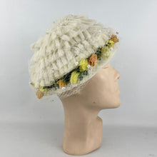 Load image into Gallery viewer, Original Late 1950's White Net Summer Hat with Orange and Yellow Flower Trim *