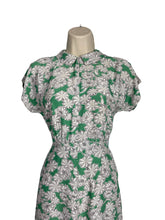 Load image into Gallery viewer, Original 1940’s Cold Rayon Day Dress in Green and White Flower and Spiderweb Print - Bust 34