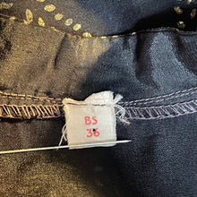 Load image into Gallery viewer, Original 1950’s Black Artificial Silk Blouse with Silver and Gold Glitter Floral Print and Glass Buttons - Bust 36 *