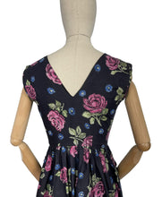 Load image into Gallery viewer, Original 1950's Classic Black Cotton Day Dress with Large Pink Roses - Bust 34 *