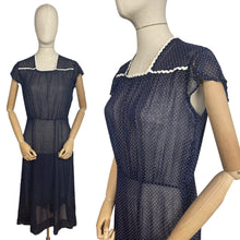Load image into Gallery viewer, Charming Original Late 1930's or Early 1940's Sheer Navy and White Swiss Dot Dress with Ric-rac Trim - Bust 34 36