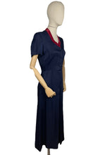 Load image into Gallery viewer, Original 1940's Classic Navy Blue Day Dress with Button Front and Red Velvet Trim - Bust 35 36 *