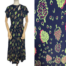 Load image into Gallery viewer, Stunning Original 1940's Dark Blue Dress with Cerise Pink and Lime Green Leaf Print
