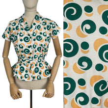 Load image into Gallery viewer, Original Late 1940’s or Early 1950’s Peplum Blouse in Green, Orange and White - Bust 34 36
