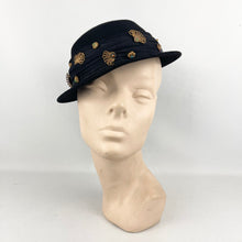 Load image into Gallery viewer, Original 1940’s Black Felt Hat with Bead, Sequin and Straw Trim and Large Bow *