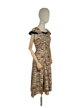 Load image into Gallery viewer, Original 1950's Cocktail Dress in Brown and Gold Abstract Print with Black Velvet Accent - Bust 34 35 *