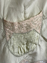 Load image into Gallery viewer, Original 1920's 1930's Bourne and Hollingsworth Pale Green Pure Silk Bed Jacket With Tambour Lace Detail and Ribbon Tie - Bust 34" 36" 38" 40"