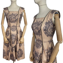Load image into Gallery viewer, Original 1950's Brown Sleeveless Day Dress with Black Roses Print - Bust 34 35 *