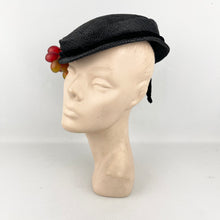 Load image into Gallery viewer, Original 1950’s Black Straw Hat with Velvet and Bunch of Grapes Trim