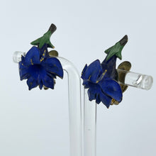 Load image into Gallery viewer, Vintage Painted Bakelite Gentian Brooch and Earrings Set From the 1940's or 1950's