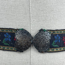 Load image into Gallery viewer, Vintage Embroidered Tyrolean Brooch Featuring Edelweiss and Gentian with Heart Shaped Double Buckle - Waist 29 30
