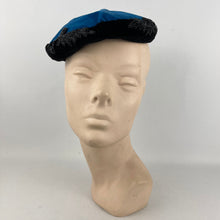 Load image into Gallery viewer, Original 1950's Blue and Black Cotton Velvet Cocktail Hat with Beading - Great Evening Hat *