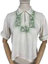Load image into Gallery viewer, Original 1930's Hand Embroidered Muslin Blouse - Stunning Green Leaf Embroidery - Bust 34 36