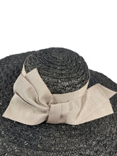 Load image into Gallery viewer, Huge Original 1940's Black Coarse Straw Sunhat with Wide Grosgrain Trim and Bow *