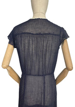 Load image into Gallery viewer, Charming Original Late 1930's or Early 1940's Sheer Navy and White Swiss Dot Dress with Ric-rac Trim - Bust 34 36