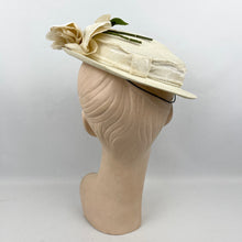 Load image into Gallery viewer, Original 1940’s 1950’s Cream Straw Hat with Velvet Trim and Large Fabric Rose