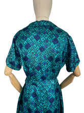 Load image into Gallery viewer, Original Late 1950's Belted Artificial Silk Wiggle Dress in Green and Blue Geometric Print - Bust 40 42 *