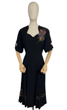 Load image into Gallery viewer, Utterly Incredible True Volup Original 1930's 1940's Satin Backed Crepe Dress with Hand Painted Floral Design - Bust 44 46