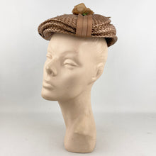 Load image into Gallery viewer, Original 1950's Light Brown Lacquered Raffia Hat with Bow Trim by Jacoll *