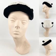 Load image into Gallery viewer, Original 1950's White and Black Hat with Velvet Bobble Trim - Charming Little Piece *