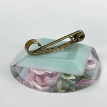 Load image into Gallery viewer, Original 1940's 1950's Reverse Carved Lucite Brooch with Pale Pink Double Roses set on Baby Blue Background *