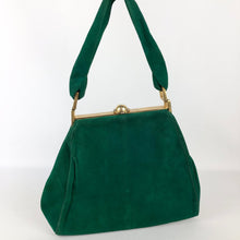Load image into Gallery viewer, Original 1940's Large Kelly Green Suede Bag with Gold Tone Fastening