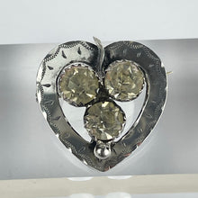 Load image into Gallery viewer, Antique Victorian or Edwardian Hallmarked Silver Sweetheart Heart Brooch with Trio of Paste